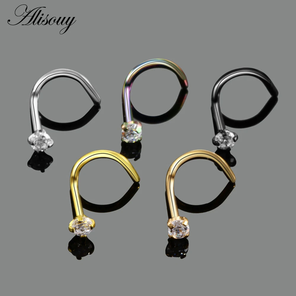 Alisouy 1PC Stainless Steel Crystal Nose Rings Piercing Rose Gold Color Screw Nazir Nostril Ear Stud Earrings Body Jewelry 20G