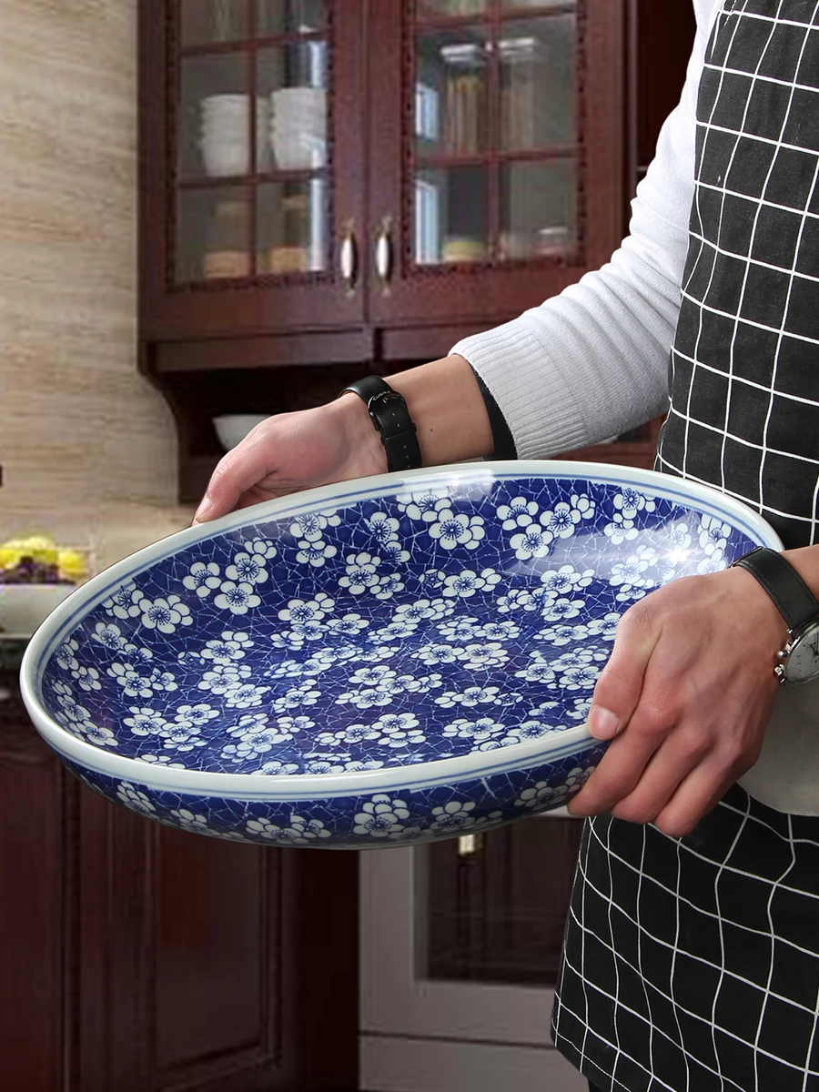 10 inch large serving plates Chinese Blue and white porcelain Ceramic Home Dish Bowl Spaghetti Roast turkey Roast Goose