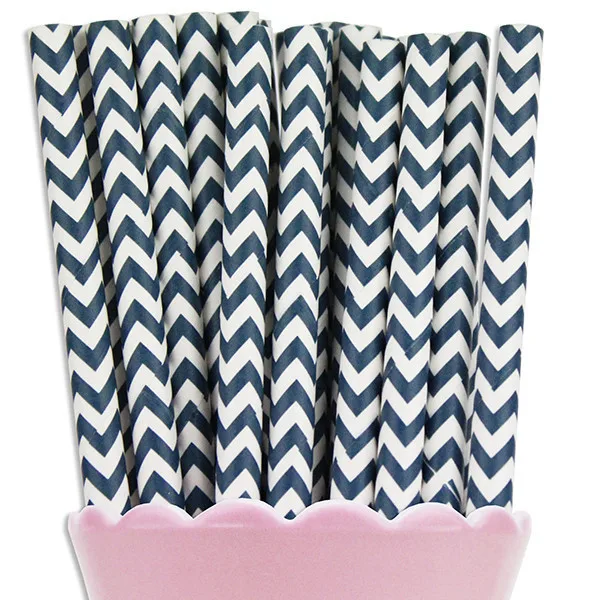 100 Pcs Mixed Colors Printed Navy Chevron Paper Straws, Cheap Vintage Biodegradable Bulk Party Paper Drinking Straws