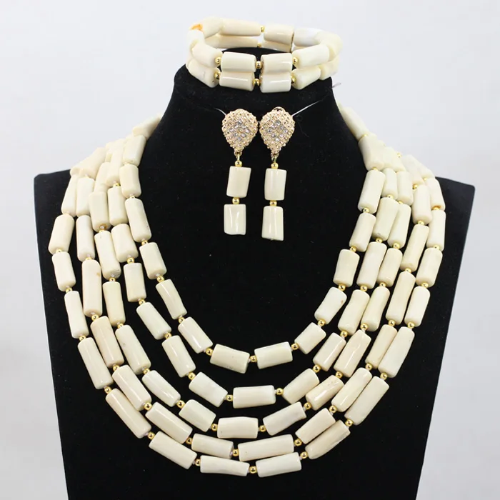 Engagement Coral Necklace Set White Coral Beads Charms 5 Layers Genuine Nigerian Jewelry Set Women Wholesale Free ShippingABH265