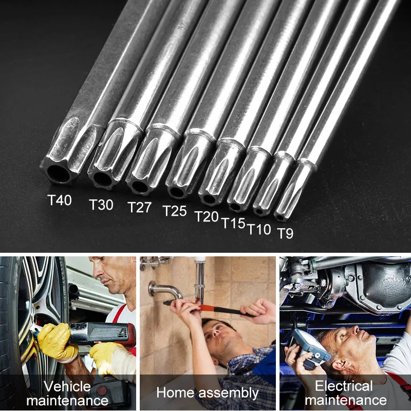 

HOEN 8Pcs T9-T40 150mm Lenght Magnetic Torx Screwdriver Bits 1/4" Hex Shank S2 Steel Electric Screwdrier Tool