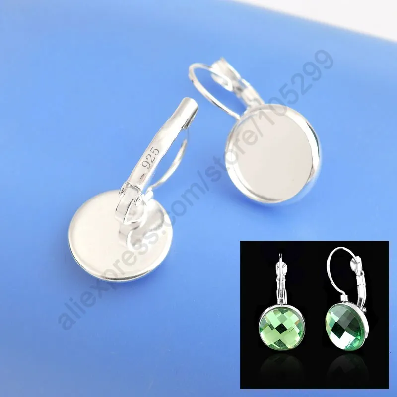 50PCS Geniune 925 Sterling Silver Jewelry Findings 12MM Flat Disco Cabochon Cameo Settings Earring French Lever Back