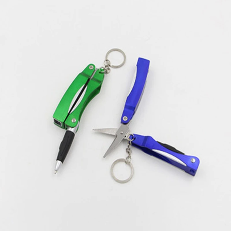 50pcs/lot Mini Keychain Led flashlight Scissors cutter with ballpoint pen Protable Keyring Key chain torch ballpen