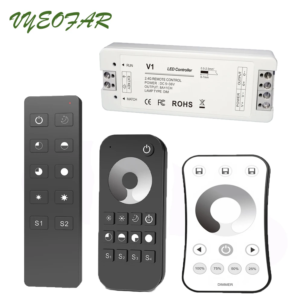 New LED Strip Dimmer 12V 5V 24V 36V Input 8A Output PWM Wireless Receiver RF Remote Single Color String Tape Ribbon Light Dim