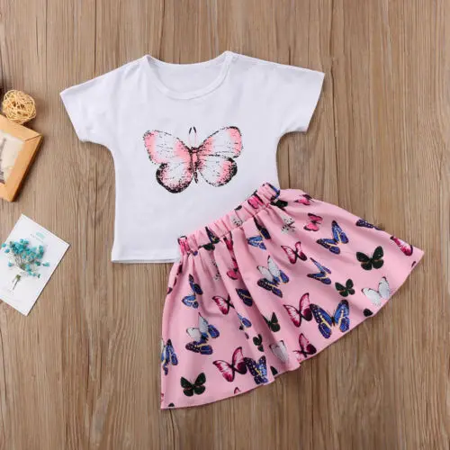 Summer Baby Girls Kids Toddler Sunsuit Clothes Cotton Butterfly Print T-shirt +Short Tutu Skirts Dress Clothing Outfit Sets 1-6Y