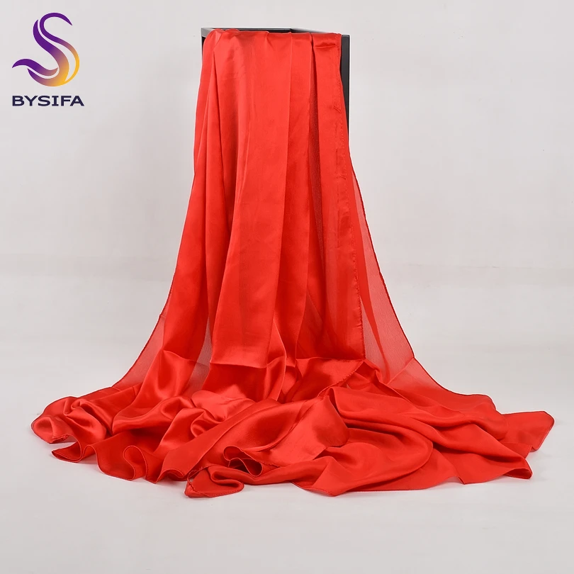 [BYSIFA] Chinese Silk Scarf Winter Women Long Satin Scarf Shawl Luxury Wine Red Scarves Simple Muslim Plain Head Scarf 180*90cm