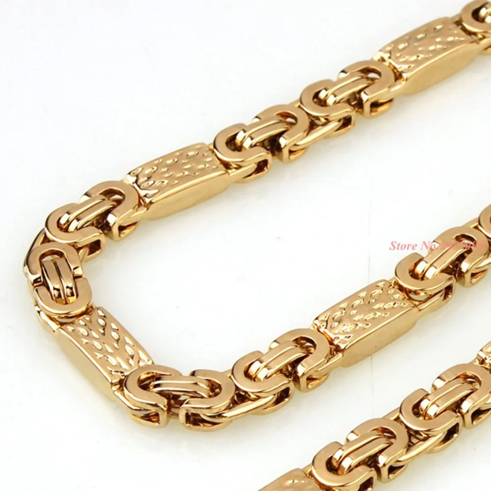 6mm Mens Chain Boy Necklace Gold Color Flat Byzantine Greek Pattern Link Stainless Steel Necklace Wholesale Gift Jewelry