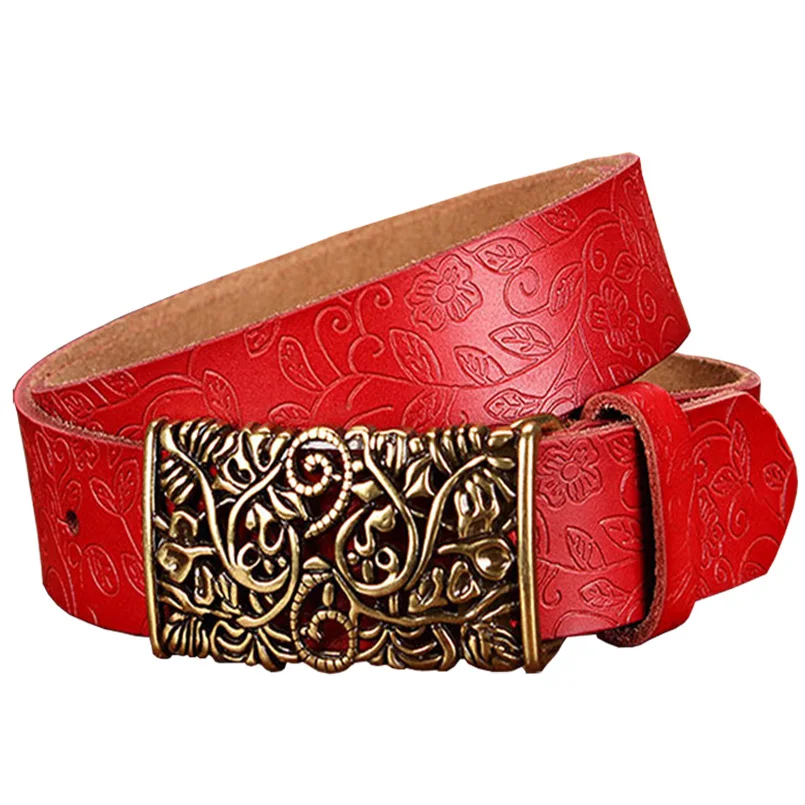 Fashion genuine leather belts for women Vintage floral Pin buckle belt woman Quality second layer cow skin strap female wide 3.2