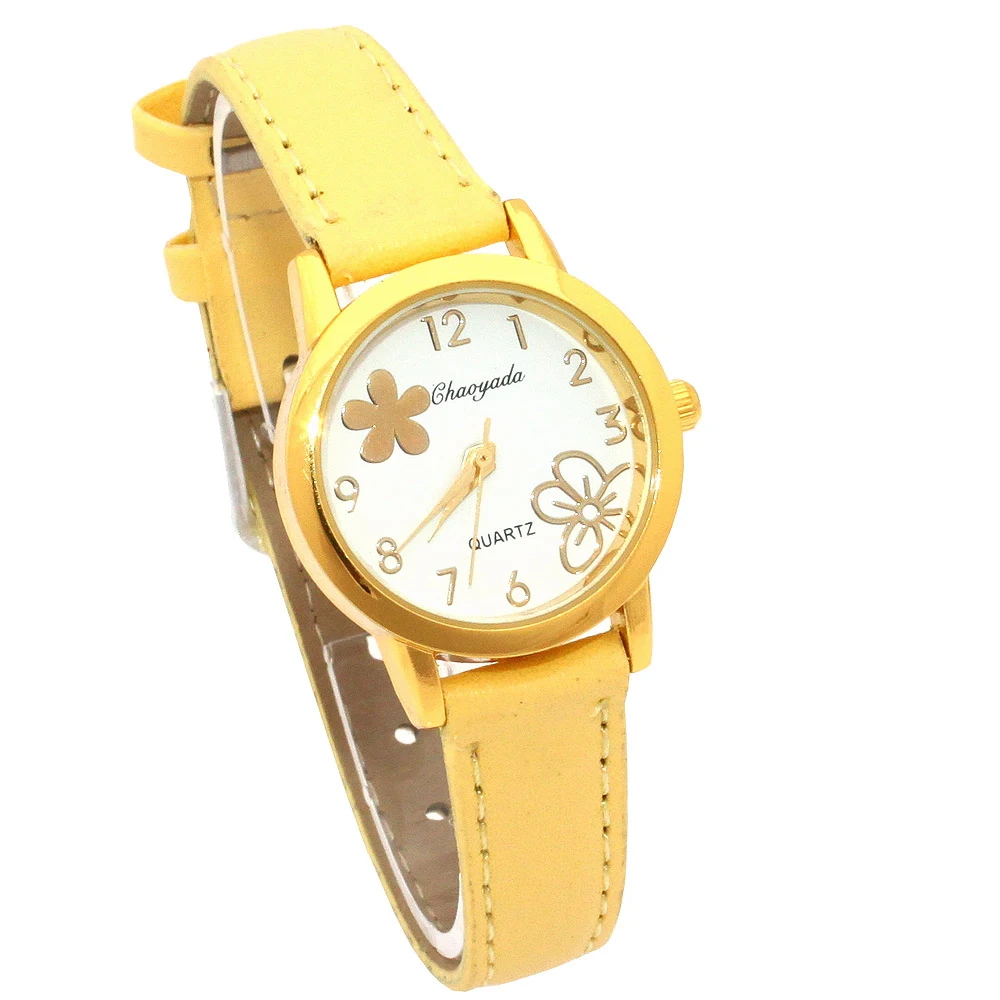 Popular Fashion White Flowers Dial Women Watches Yellow Leather Bracelet White Dial Lady Quartz Girls Wristwatch U55