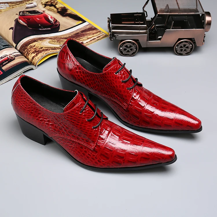 Zapato Hombre Genuine Leather Men Dress Shoes Red Crocodile Print Lace Up Business Office Men Shoes Italian Wedding Male Shoes