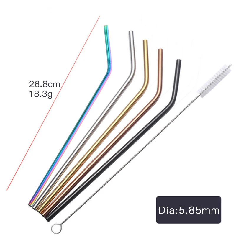 Reusable Stainless Steel Straws Eco Friendly Metal Drinking Straws Long Rainbow Bent Straight Straw Set Bar Cocktail Accessories