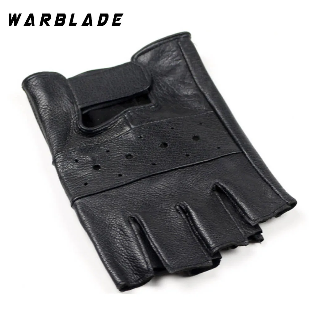 WarBLade-guantes de piel auténtica para hombre, manoplas antideslizantes de medio dedo, de piel de oveja, sin dedos, para moto