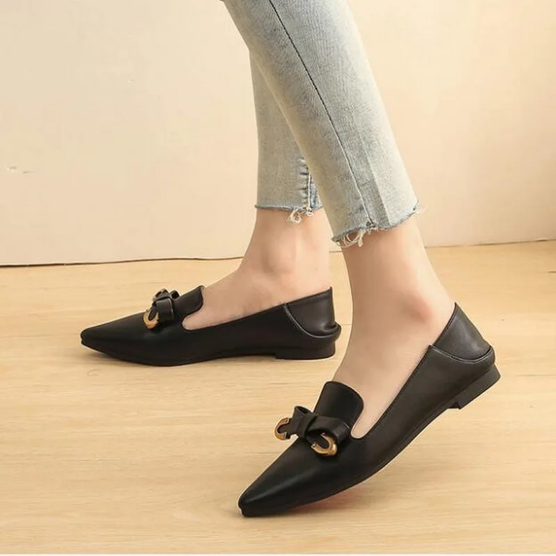 College Wind 2021 Spring Women's Loafers Pointed Flat Shoes Bow Single Shoes Students Casual Work Shoes