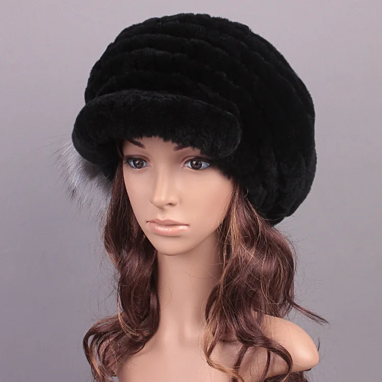 

Winter Women Rabbit Fur Hat Fashion Caps Warm Knitted Cotton Beanies Female Fur Caps