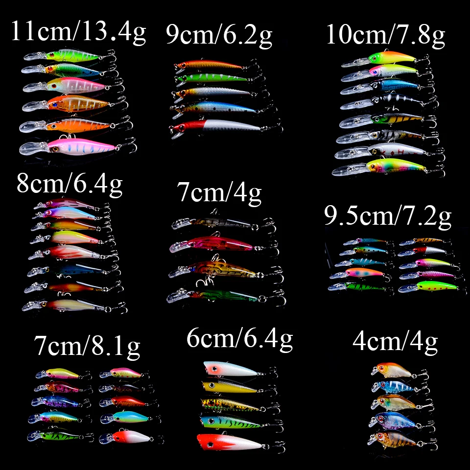 

61pcs Minnow Fishing Lures Set Mixed 9 Different Model Hard Baits Artificial Lifelike Bass Crankbait Fishing Tackle Wholesale