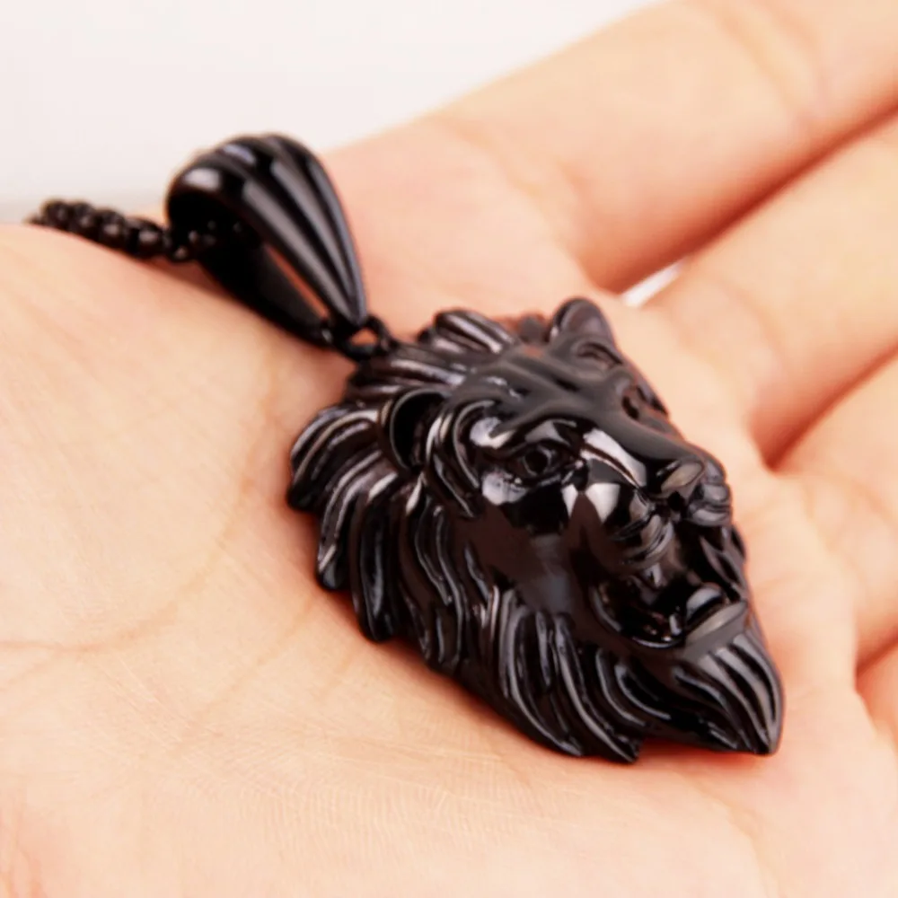 Cool Trendy Stainless Steel Silver Color Gold Color Black Tone Lion Head Pendant Necklace Mens Unisexs Box Chain24\