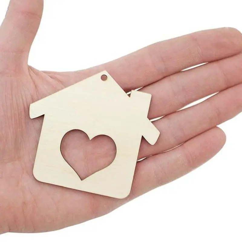 

50x Wood House with Heart Cutout (7cm) diy blank Craft Cut out Wood Home wedding gift decoration keychain decoration