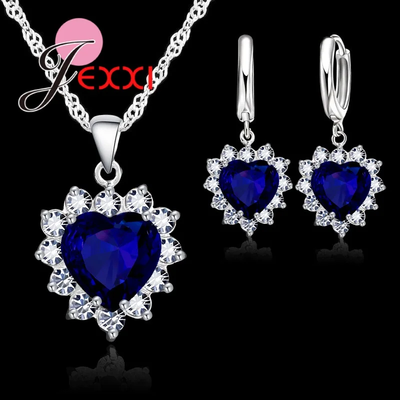 Trendy Heart Austrian Crystal 925 Sterling Silver Pendant Necklaces Earrings Set For Women Wedding Bridal Jewelry Sets