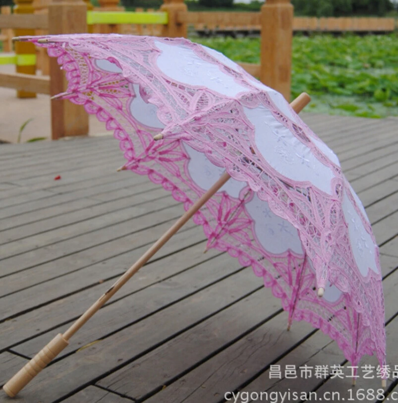 2018 hot Fashion Parasol Bridal Wedding Handmade Embroidered Cotton Black Lace Edge Sun Umbrella Bridal Party Decoration Cheap