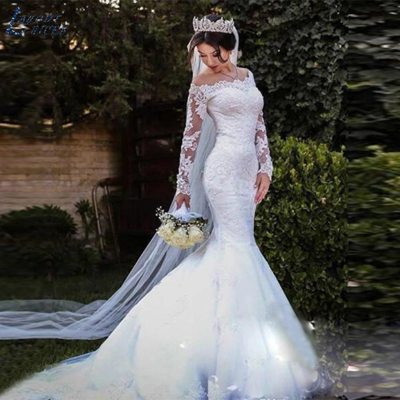 ZL1049-vestidos De novia de sirena De manga larga, Apliques de encaje elegantes, vestido De novia de celebridad, 2019