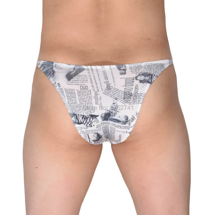 Men\'s Low-rise Jockstrap Newspaper Briefs Underwear Elastic String Briefs Bikini