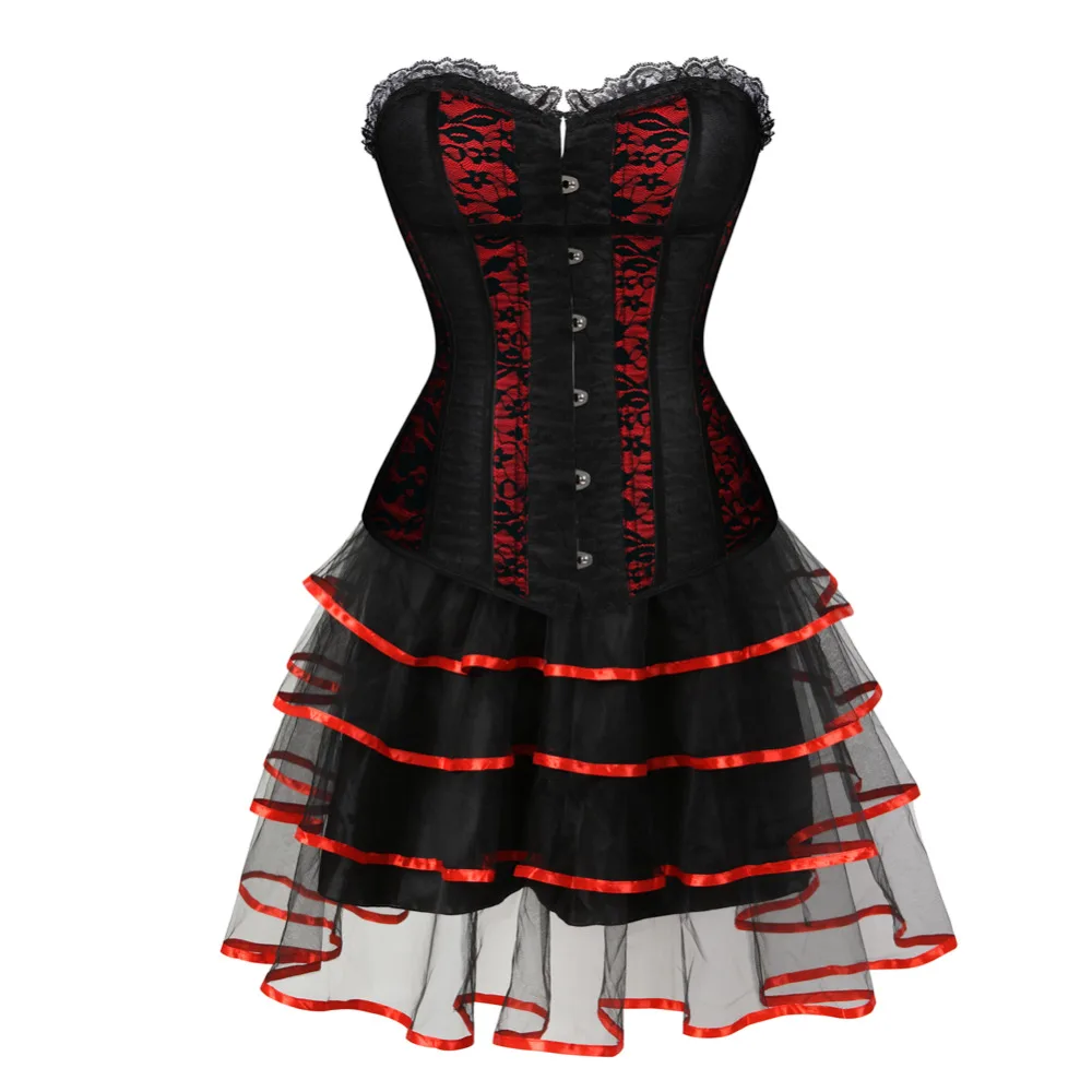 Overbust Corset Dress Lace up Boned Corset Mesh Skirt Red  Sexy Showgirl Dance Dress Gothic Corset Dresses for Women Plus Size