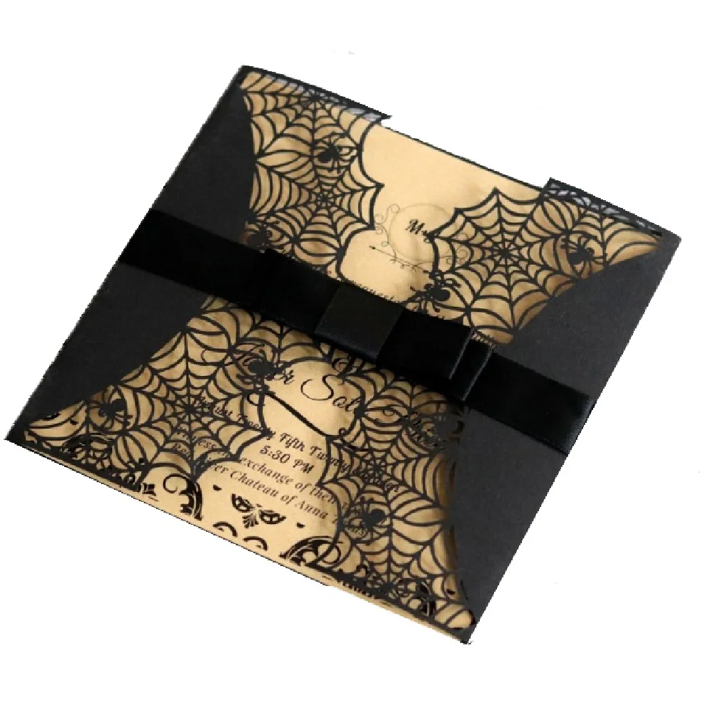 Black Pearl Paper Spiderweb Laser Cutting Lace Hollow Business Invitation Card, 15x15cm, With Ribbon & Customized Inner Card