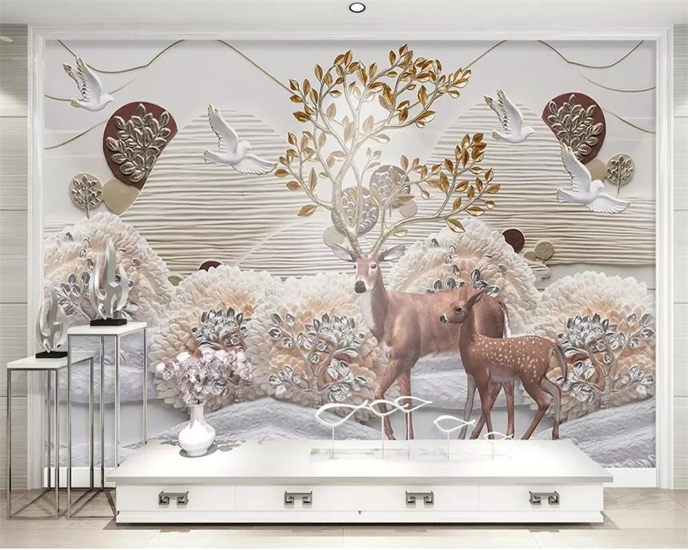 Beibehang Nordic landscape 3D woods moose embossed TV background wall wallpaper living room bedroom home decoration 3d wallpaper