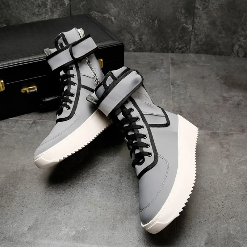 Street Style Silver Leather High-Top Shoes Men Platform Side Zipper Fashion Ankle Boots High Street Casual Shoes Size 45 46