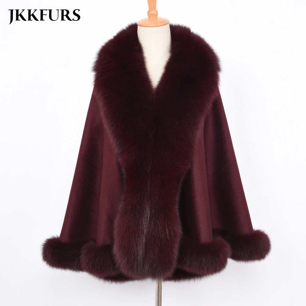 JKKFURS Women\'s Poncho Genuine Fox Fur Collar Trim & Cashmere Cape Wool Fashion Style Autumn Winter Warm Coat S7358