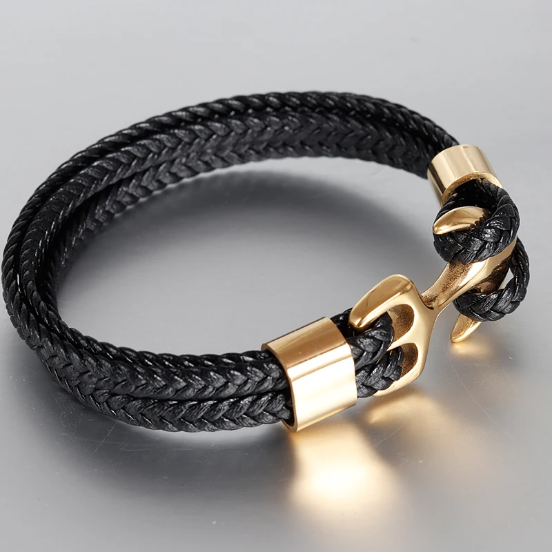 

Classic Gold Genuine Leather Anchor Stainless Clasp Black Braid Genuine Leather Bracelet Men Jewelry Stainless Steel Bangle