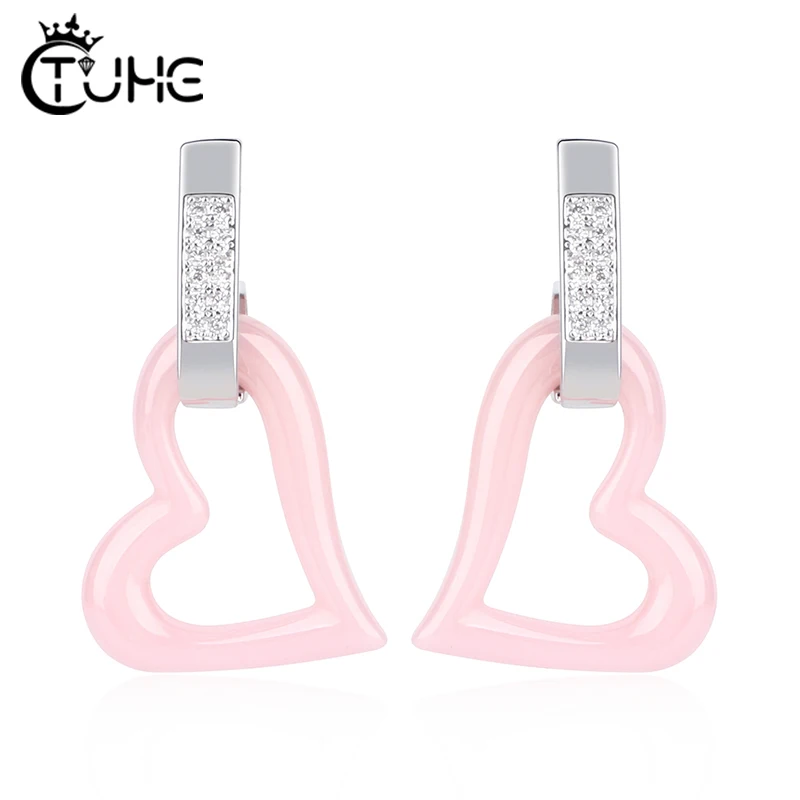 Pave Crystal Women Stud Earrings Fashion Jewelry Lovely Heart Healthy Ceramic Earrings Engagement Birthday Gift Jewelry