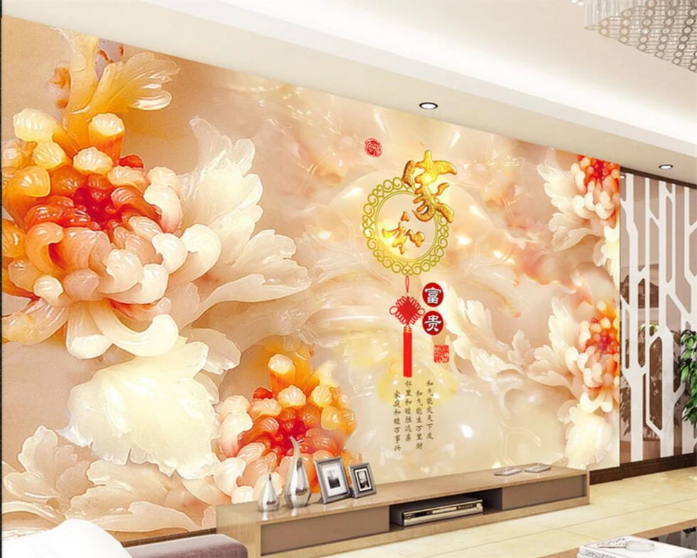 

Beibehang Custom 3d photo wall paper jade carving chrysanthemum house and rich modern large mural 3D living room 3d wallpaper