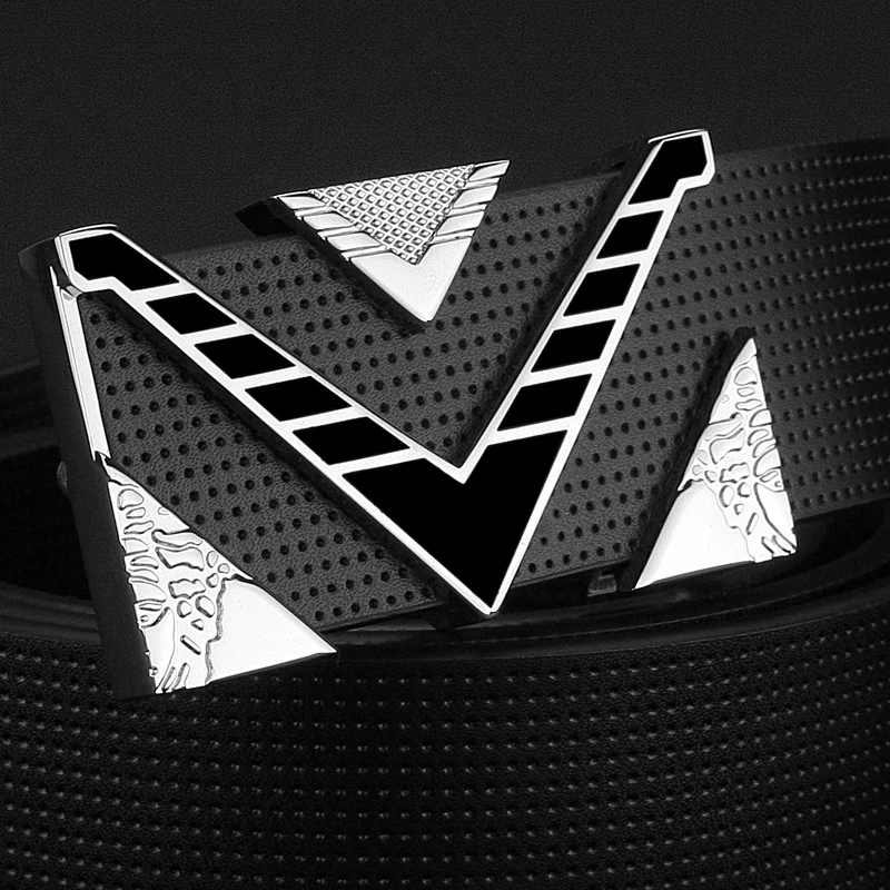 High Quality V letter buckle golden buckle belt men fashion Personality buckle luxury strap genuine leather white ceinture homme