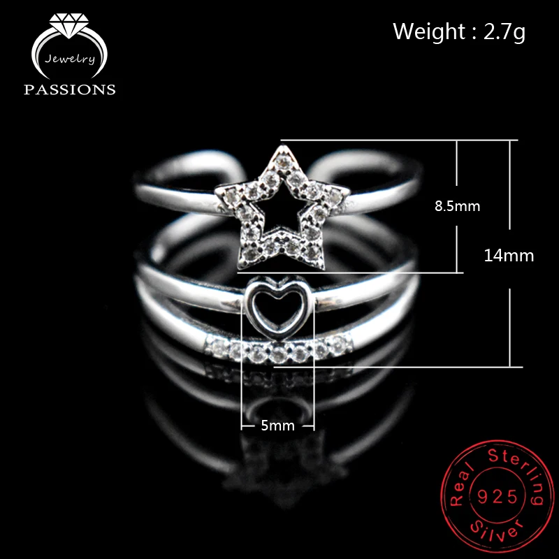 New Fashion 925 Sterling Silver AAA Zircon Adjustable 3 Layer Rings Star&Heart Rhinestone CZ Three Floor Ring Women Jewelry Gift