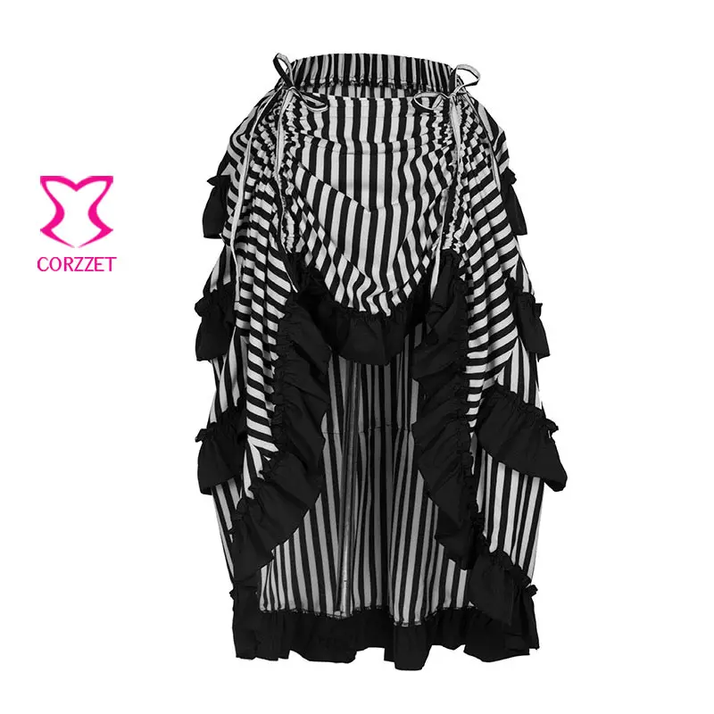 

Black & White Striped Ruffles Adjustbale Length Asymmetrical Women Steampunk Vintage Skirt Victorian Gothic Clothing Long Skirts