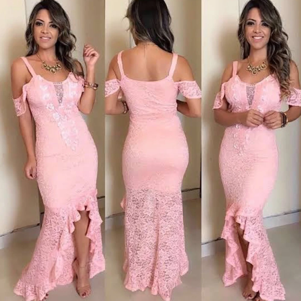 Vestidos cor-de-rosa de baile 2020, vestidos de noite com decote frontal de renda, sereia