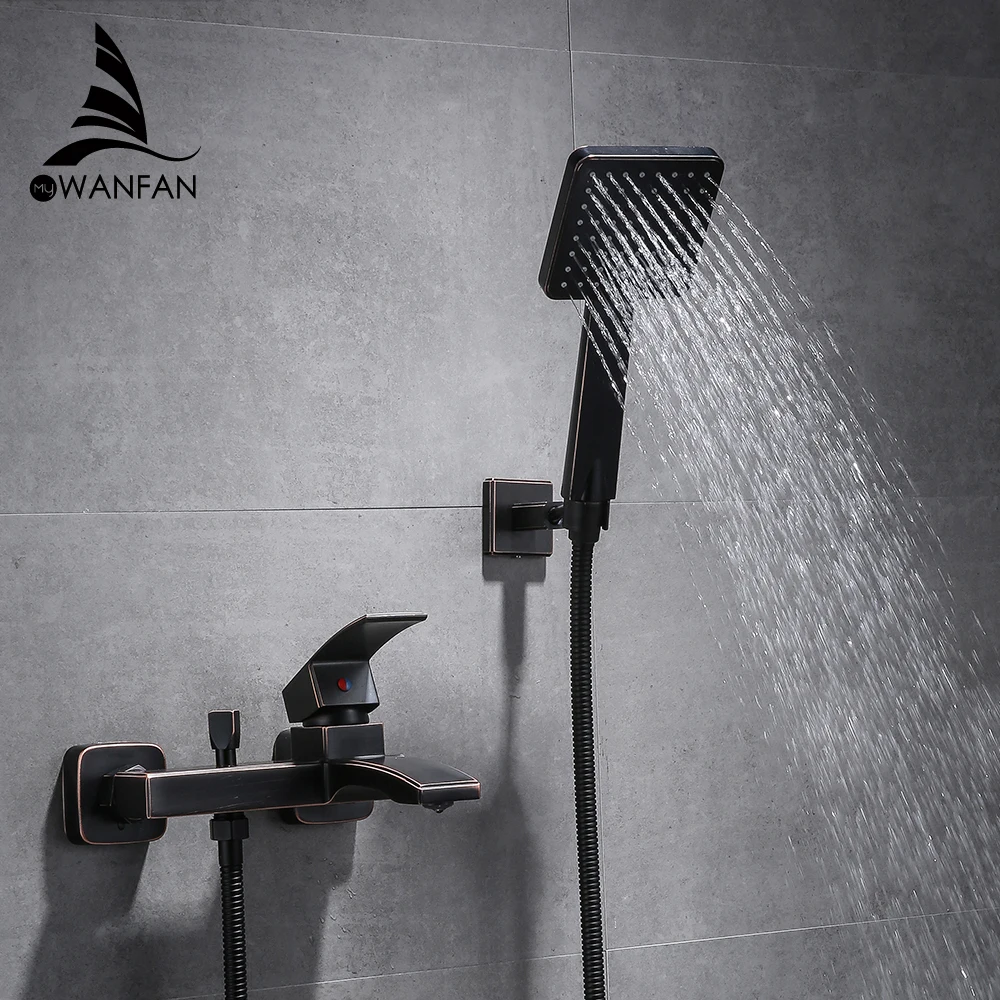 

Shower Faucet Black Brass Wall Mount Bathtub Faucet Shower Square style Handheld Single Handle Luxury Bathroom Mixer Tap 877841R