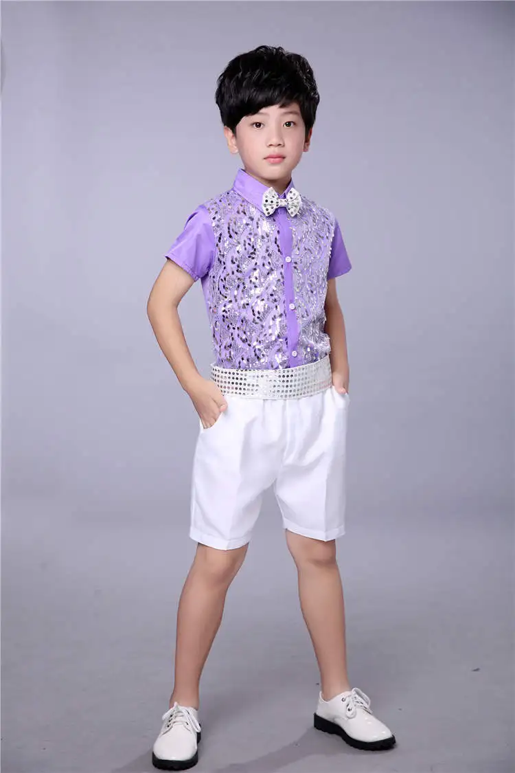 Kinderen Kostuum Kinderen Koor Kleding Jongen Dragen Korte Mouwen Sequin Tops En Broek 2 Stks/set Latin Dance kleding