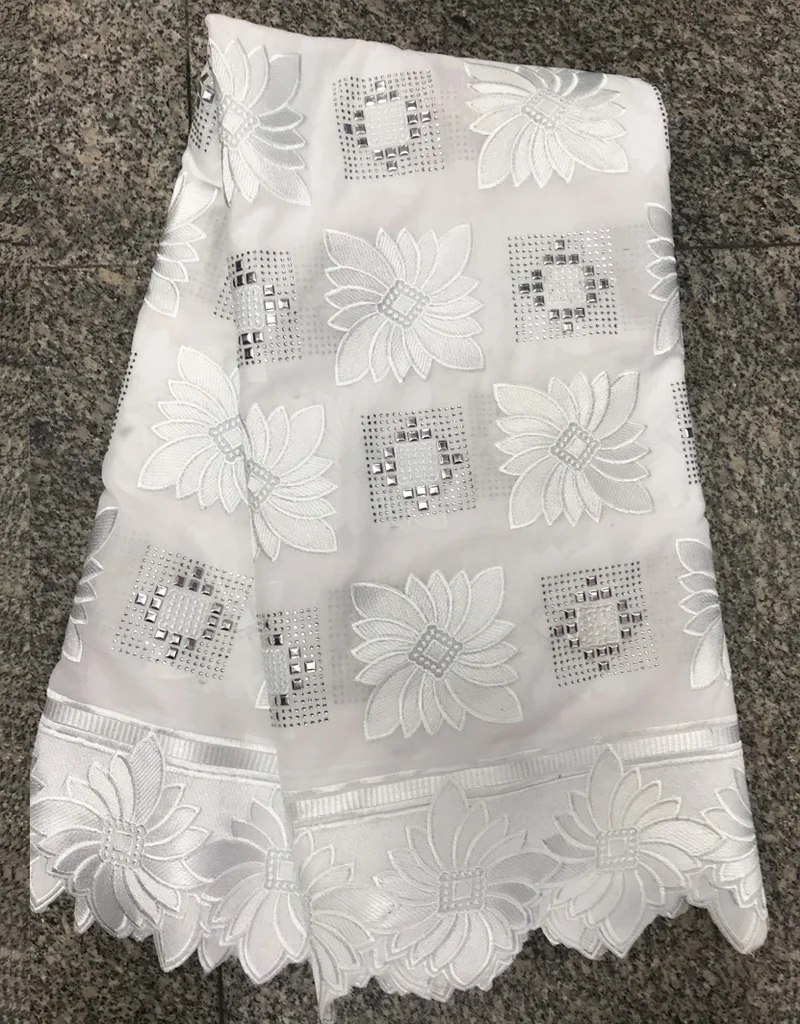 

(5yards/pc) high quality pure white Swiss voile lace fabric fine embroidered African cotton lace with stones for wedding CLP327