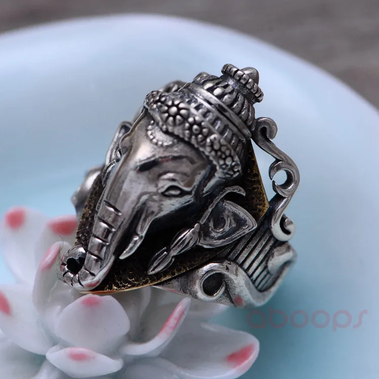 Bicolor 925 Sterling Silver Ganesha Ring-Elephant God-for Men Women,Free Shipping