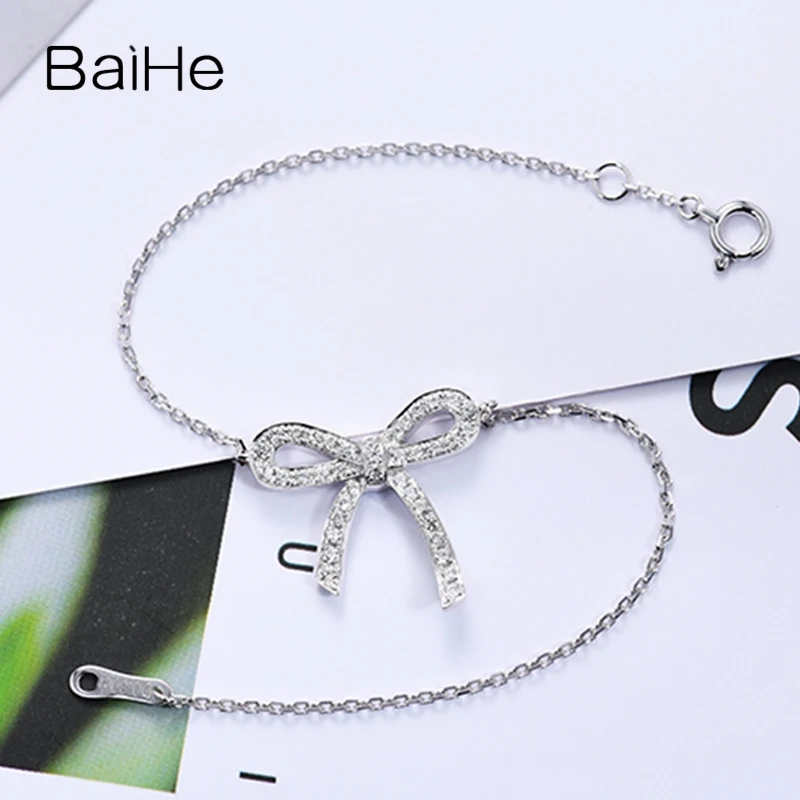 BAIHE Solid 18K White Gold 0.11ct H/SI Natural Diamond Big/small Bowknot Bracelet Women Gift Trendy Fine Jewelry Pulsera de lazo