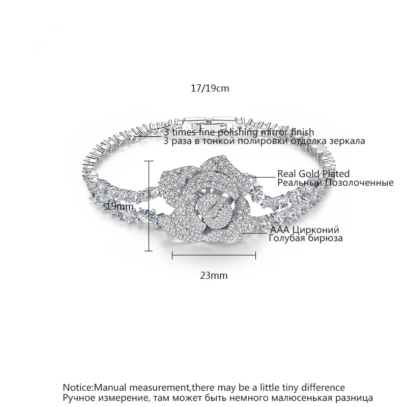 LUOTEEMI Luxury Big Rose Flower 17/19CM Bracelet for Women Ladies Shining AAA Cubic Zircon Fashion Crystal Jewelry Gift Bangles