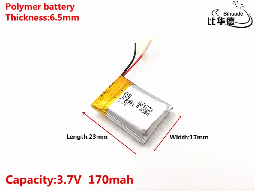 2pcs/lot 3.7V 170mAH 651723 Polymer lithium ion / Li-ion Rechargeable battery for DVR,GPS,mp3,mp4