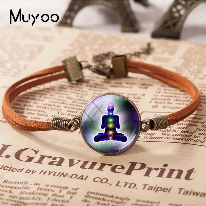 2018 New 7 Chakra Reiki Healing Bracelets Buddha Yoga Meditation Leather Bracelet Glass Cabchon Jewelry