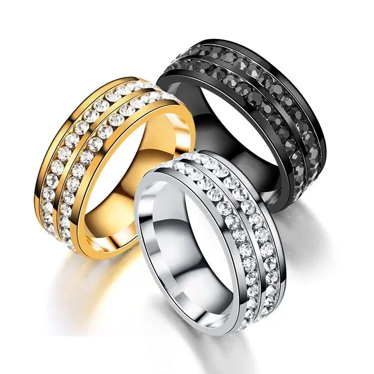 Wholesale Jewelry -- Titanium steel Double Row  Crystal Rings 18 k / Black / White  for Men No Change Color
