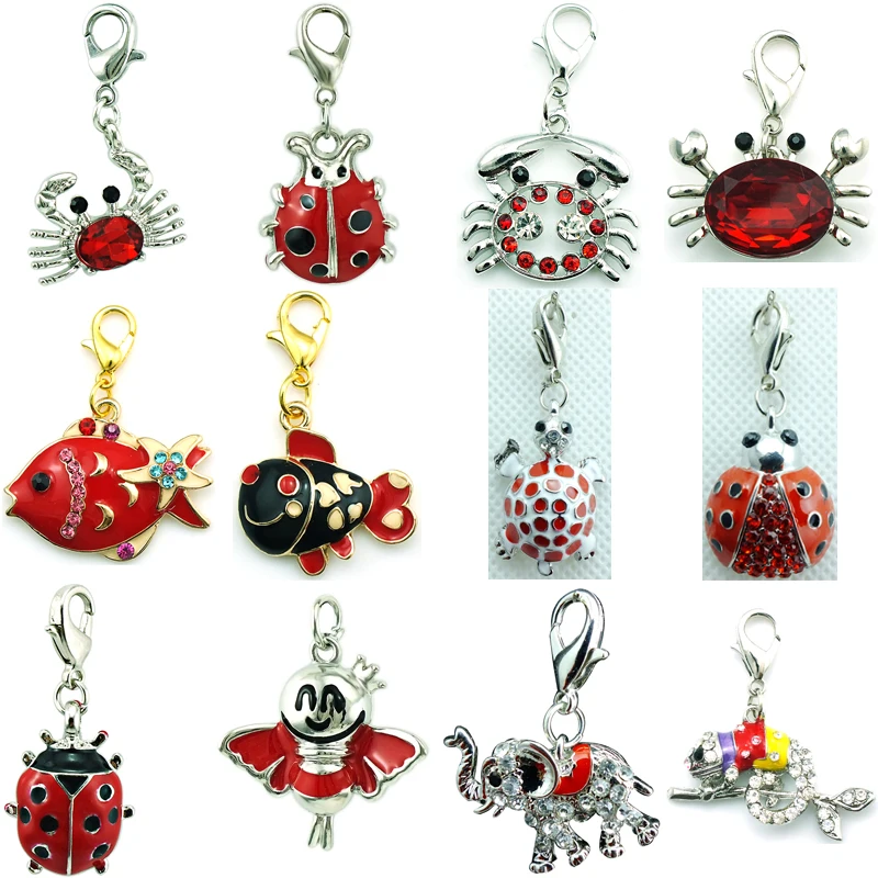 JINGLANG Mix Sale Floating Dangle Red Rhinestone Crab Fish Animal Lobster Clasp Charms For Women DIY Jewelry Making Accessories