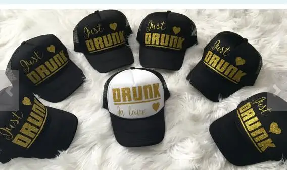 

custom bridesmaid glitter Drunk in love trucker hats caps Bachelorette wedding favor gifts bridal shower party decorations