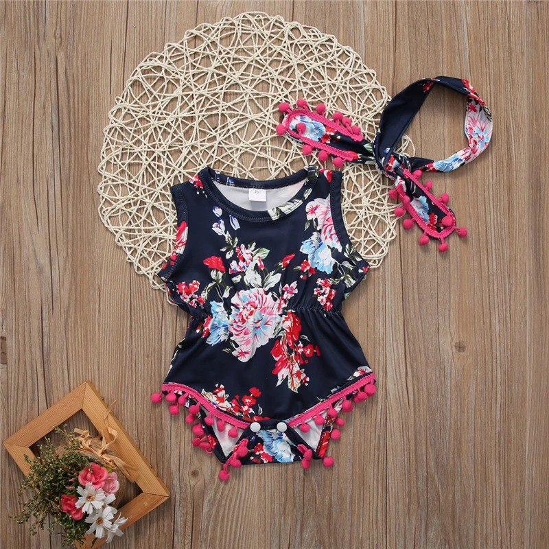 Floral Tassels Baby Girl Bodysuits Cotton Summer Newborn Clothes Infant Baby Girl Sleeveless Bodysuit Jumpsuit Playsuit Sunsuit