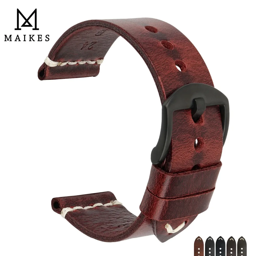 MAIKES Vintage Lederarmband Uhrenarmband Greasedleather Uhrenzubehör Armband 20mm 22mm 24mm Mode Rotes Armband für Omega